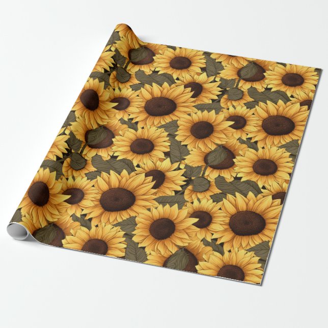 Pretty Sunflower Illustration All Over Print Wrapping Paper (Unrolled)