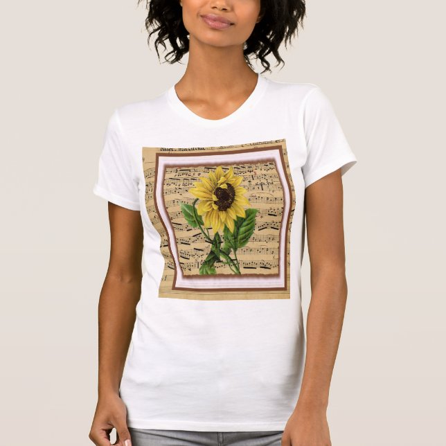 Pretty Sunflower On Vintage Sheet Music T-Shirt (Front)