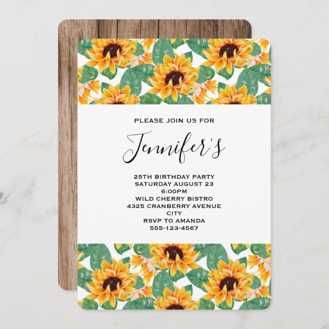Pretty Sunflower Pattern Yellow & Green Birthday Invitation (Front/Back)