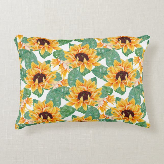 Pretty Sunflower Yellow & Green Pattern Decorative Cushion (Front)