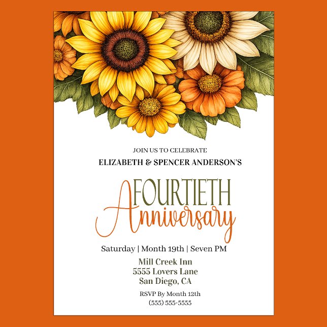 Pretty Sunflowers 40th Anniversary  Invitation (Pretty Sunflower 40th Wedding Anniversary Party Invitation.)