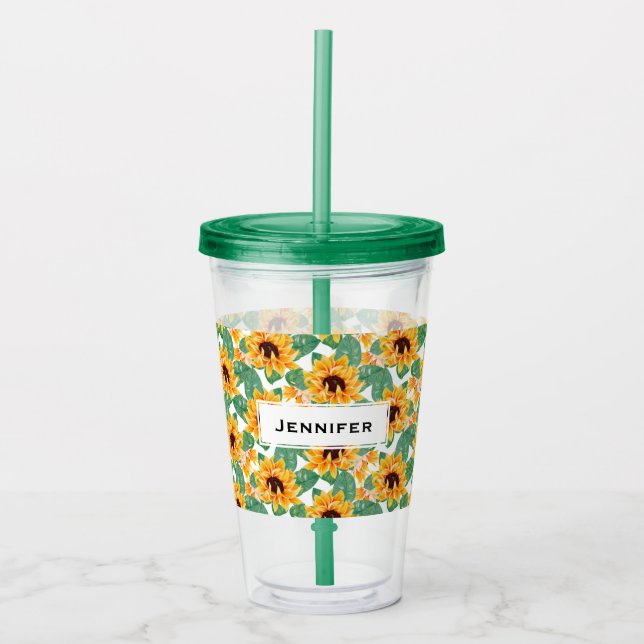 Pretty Sunflowers Yellow & Green Pattern Acrylic Tumbler (Front)