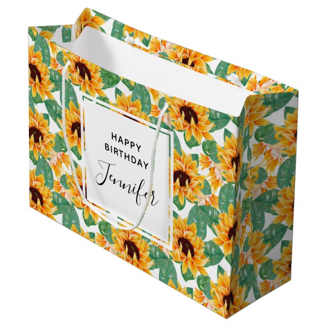 Pretty Sunflowers Yellow & Green Pattern Birthday Large Gift Bag (Front Angled)