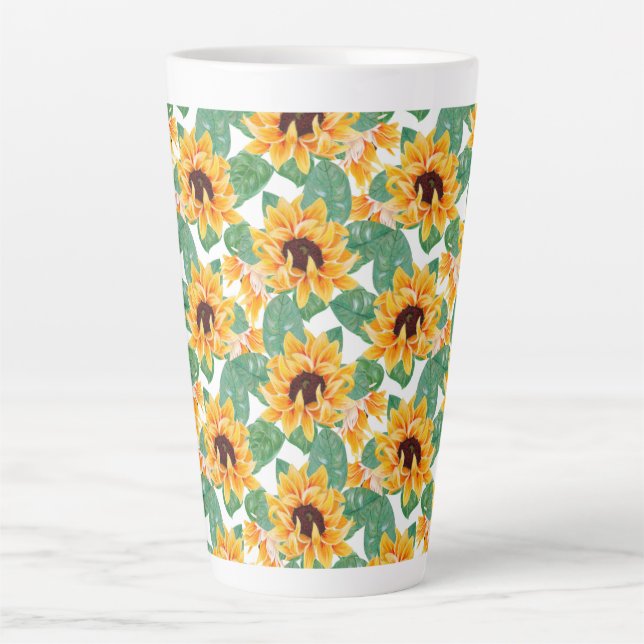 Pretty Sunflowers Yellow & Green Pattern Latte Mug (Front)