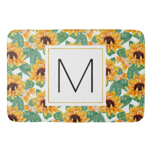 Pretty Sunflowers Yellow & Green Pattern Monogram Bath Mat