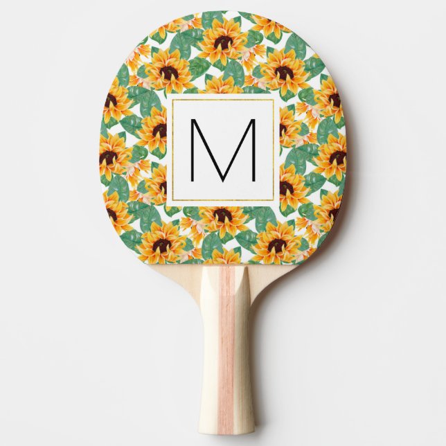 Pretty Sunflowers Yellow & Green Pattern Monogram Ping Pong Paddle (Front)