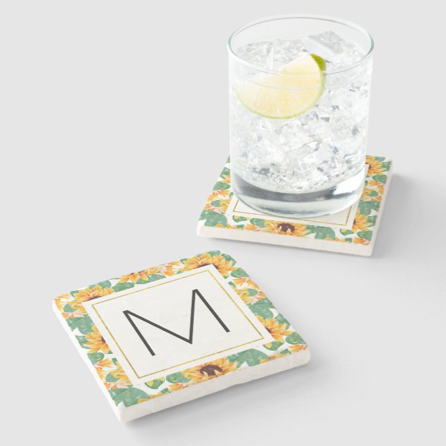 Pretty Sunflowers Yellow & Green Pattern Monogram Stone Coaster (Side)