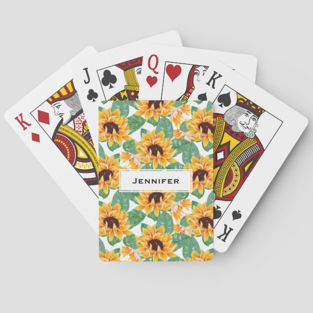 Pretty Sunflowers Yellow & Green Pattern Playing Cards (Back)