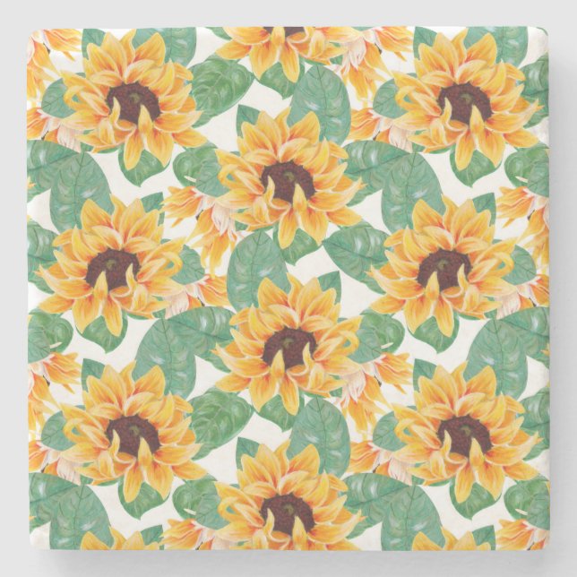 Pretty Sunflowers Yellow & Green Pattern Stone Coaster (Front)