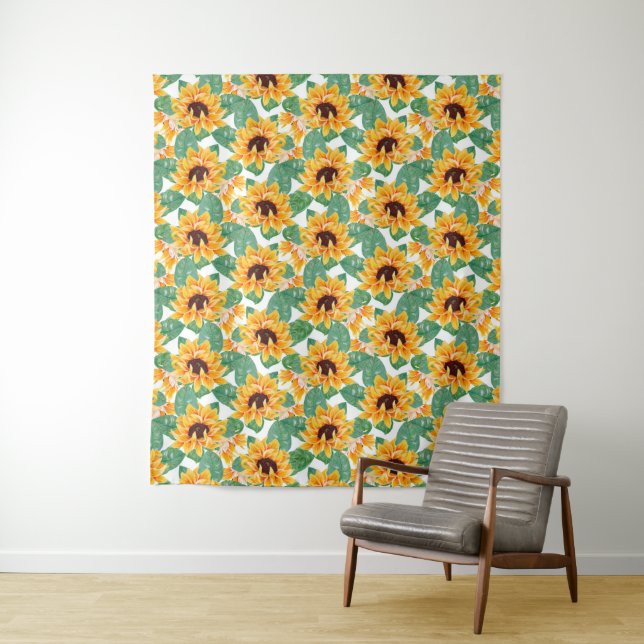 Pretty Sunflowers Yellow & Green Pattern Tapestry (In Situ)