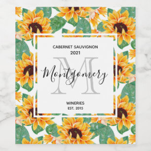 Pretty Sunflowers Yellow & Green Pattern Winery Wine Label