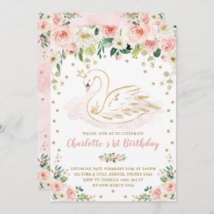 Pretty Swan / Blush Pink Gold Floral Girl Birthday Invitation