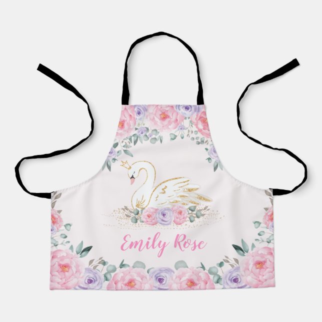 Pretty Swan Princess Girl Chef Custom Name Apron (Front)