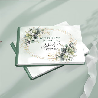 Pretty Sweet 16 bohemian watercolor sage greenery  Guest Book