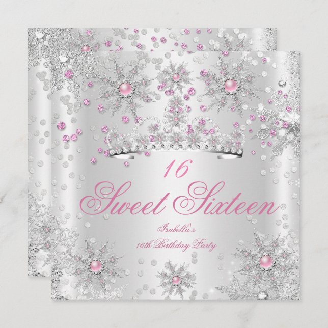 Pretty Sweet 16 Pink White Winter Wonderland Invitation (Front/Back)