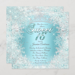Pretty Sweet 16 Teal blue Silver Winter Wonderland Invitation