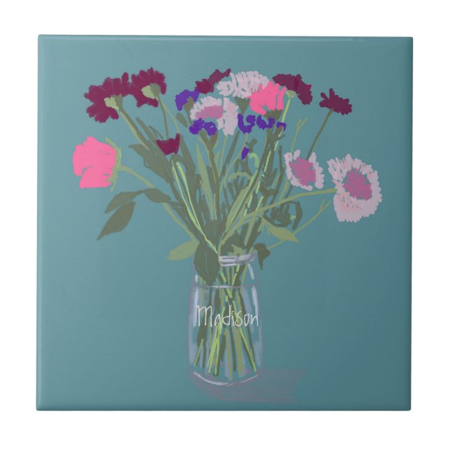 Pretty Sweet Boho Wildflowers  +Custom Name Ceramic Tile (Front)