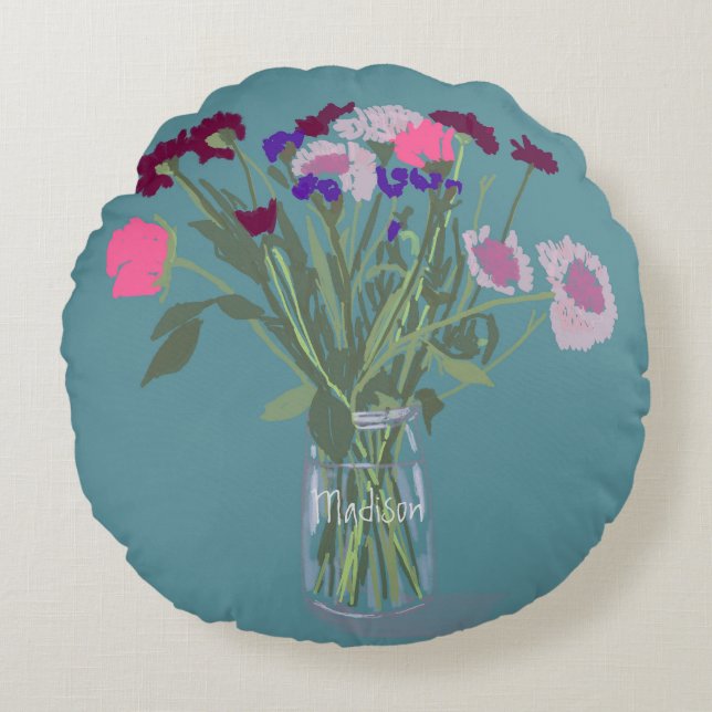 Pretty Sweet Boho Wildflowers  +Custom Name Round Cushion (Front)