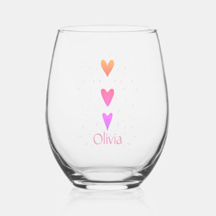 Pretty Sweet Modern 3 Hearts Illustration Stemless Wine Glass
