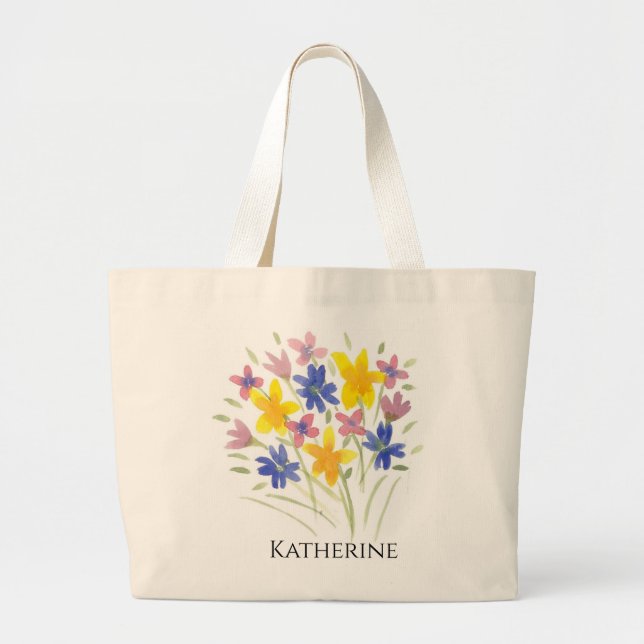 Pretty Sweet Watercolor Flowers  Large Tote Bag (Front)