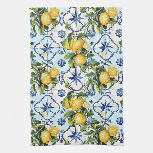 Pretty Talavera Tile All-Over Print Lemons Tea Towel (Vertical)