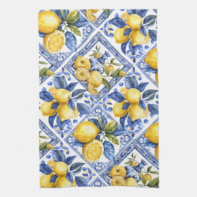 Pretty Talavera Tile All-Over Print Lemons Tea Towel (Vertical)