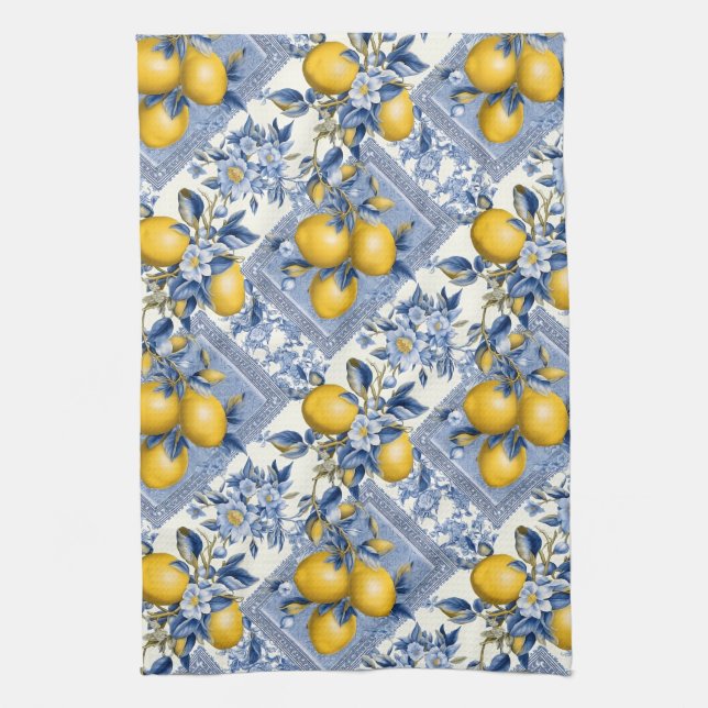 Pretty Talavera Tile All-Over Print Lemons Tea Towel (Vertical)