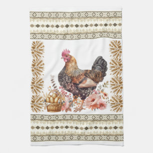 Pretty Tan Gold Brown Chicken Hen Slavic Pattern  Tea Towel