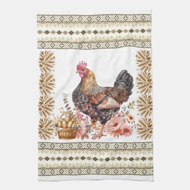 Pretty Tan Gold Brown Chicken Hen Slavic Pattern  Tea Towel (Vertical)