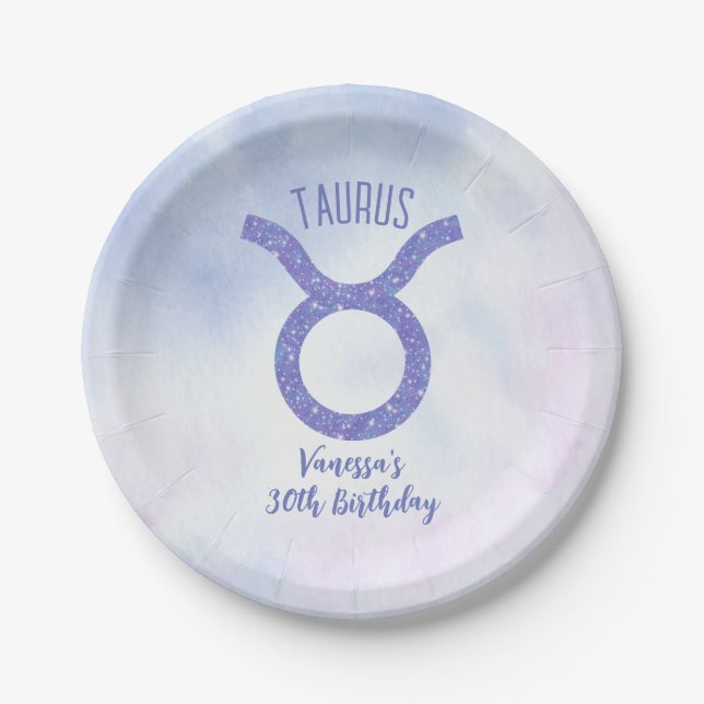 Pretty Taurus Astrology Sign Custom Birthday Party Paper Plate (Front)