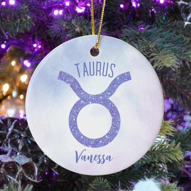 Pretty Taurus Astrology Sign Personalised Purple Ceramic Ornament (Creator Uploaded)