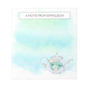 Pretty Tea Pot Mint Green Gold Flowers Notepad