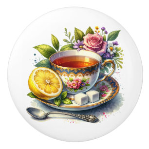 Pretty teacup of Tea with Lemon  Ceramic Knob