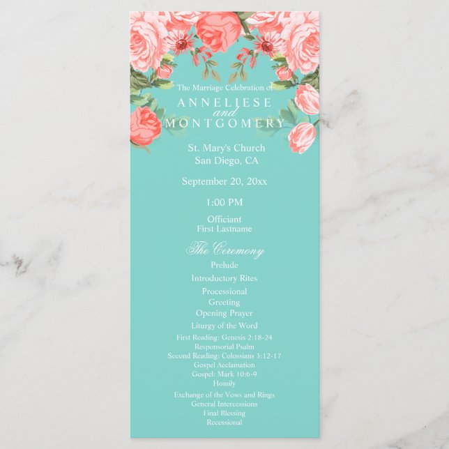 Pretty Teal and Coral Floral Design - Program (Front)