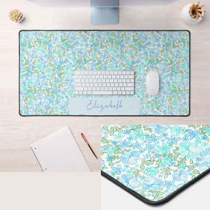Pretty Teal and Green Floral Custom Name Desk Mat