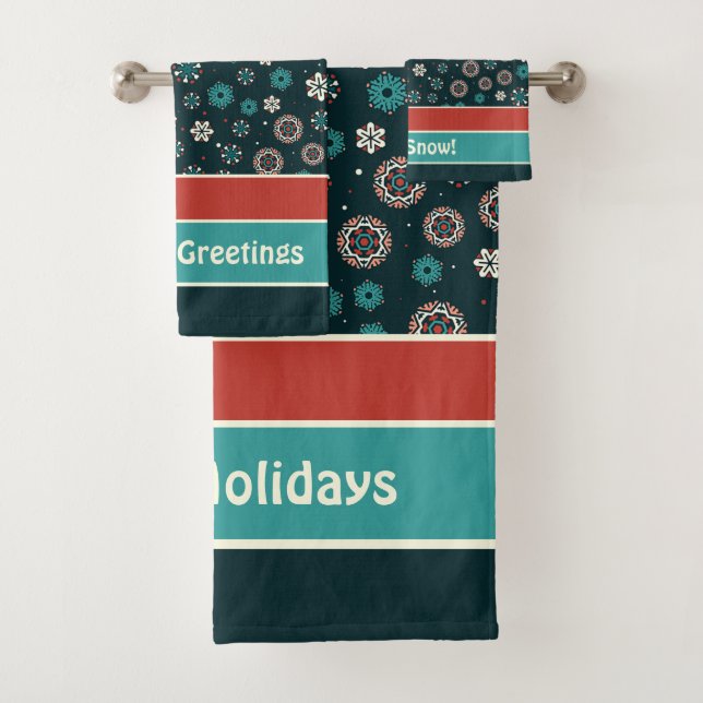 Pretty Teal Aqua Red White Scandinavian Snowflakes Bath Towel Set (Insitu)