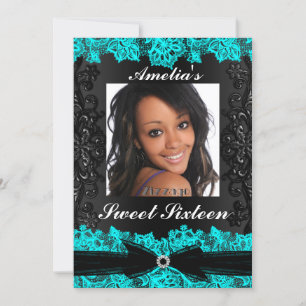 Pretty Teal & Black Lace Photo Sweet 16 Invite