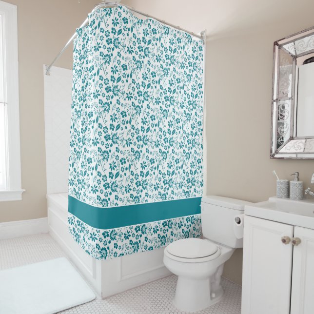 Pretty Teal Blue Floral Pattern Shower Curtain (In Situ)
