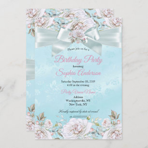 Pretty Teal Blue Floral Roses Pink Birthday Party Invitation