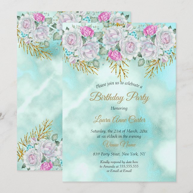 Pretty Teal Blue Gold Floral Pink Birthday Party Invitation (Front/Back)