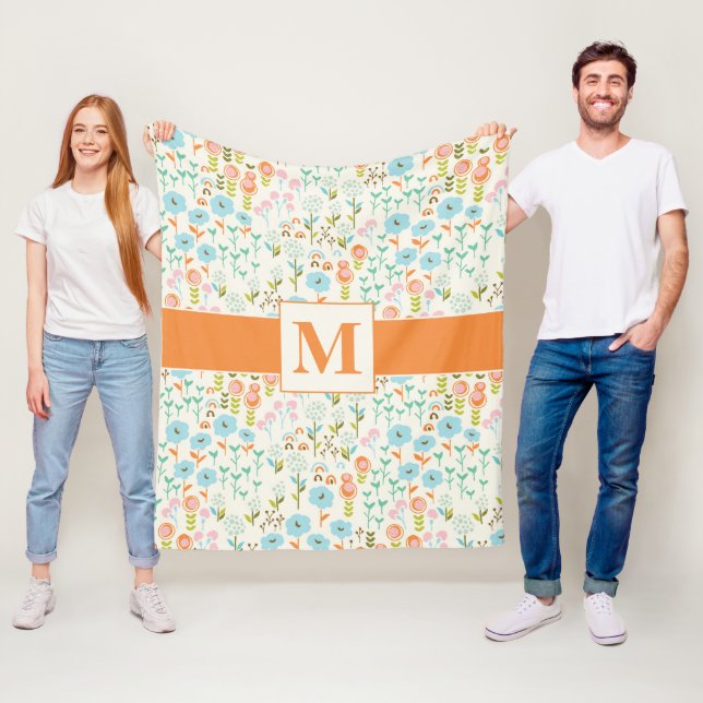 Pretty Teal Blue Orange Pink Floral Pattern Fleece Blanket (In Situ)