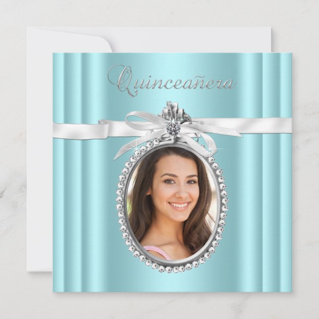 Pretty Teal Blue Photo Quinceanera Invitation (Front)