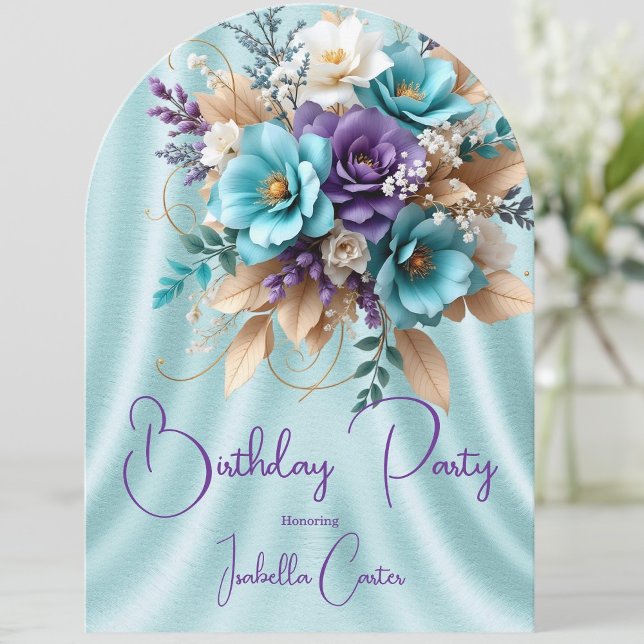 Pretty Teal Blue Purple White Birthday Flowers Invitation (Creator Uploaded)