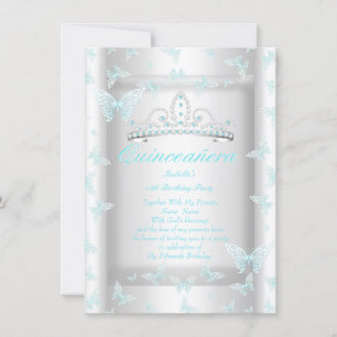 Pretty Teal Blue Quinceanera Party Tiara Butterfly Invitation