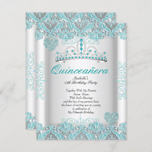 Pretty Teal Blue Quinceanera Party Tiara Hearts Invitation