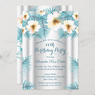 Pretty Teal Blue Tropical floral Birthday Party Invitation