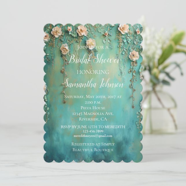Pretty Teal Blush Pink Floral Bridal Shower Invitation (Standing Front)