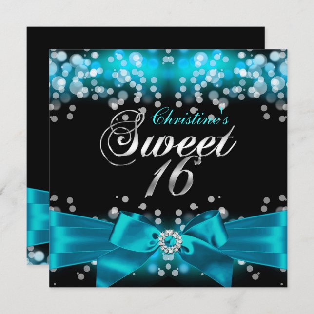 Pretty Teal Bow & Sparkle Sweet Sixteen Invitation (Front/Back)