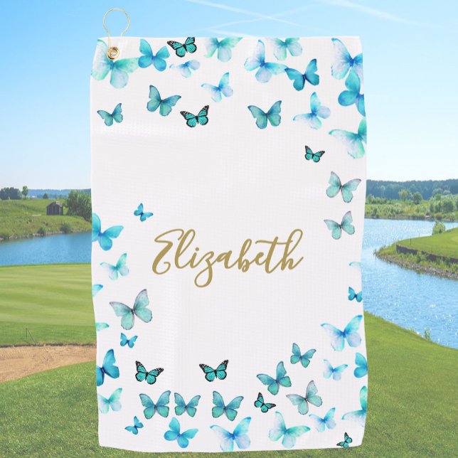 Pretty Teal Butterflies Custom Name Golf Towel (Creator Uploaded)