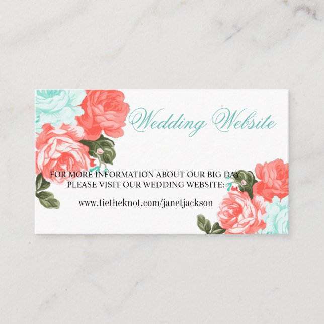 Pretty Teal, Coral Wedding Flower- Wedding Website Enclosure Card (Front)